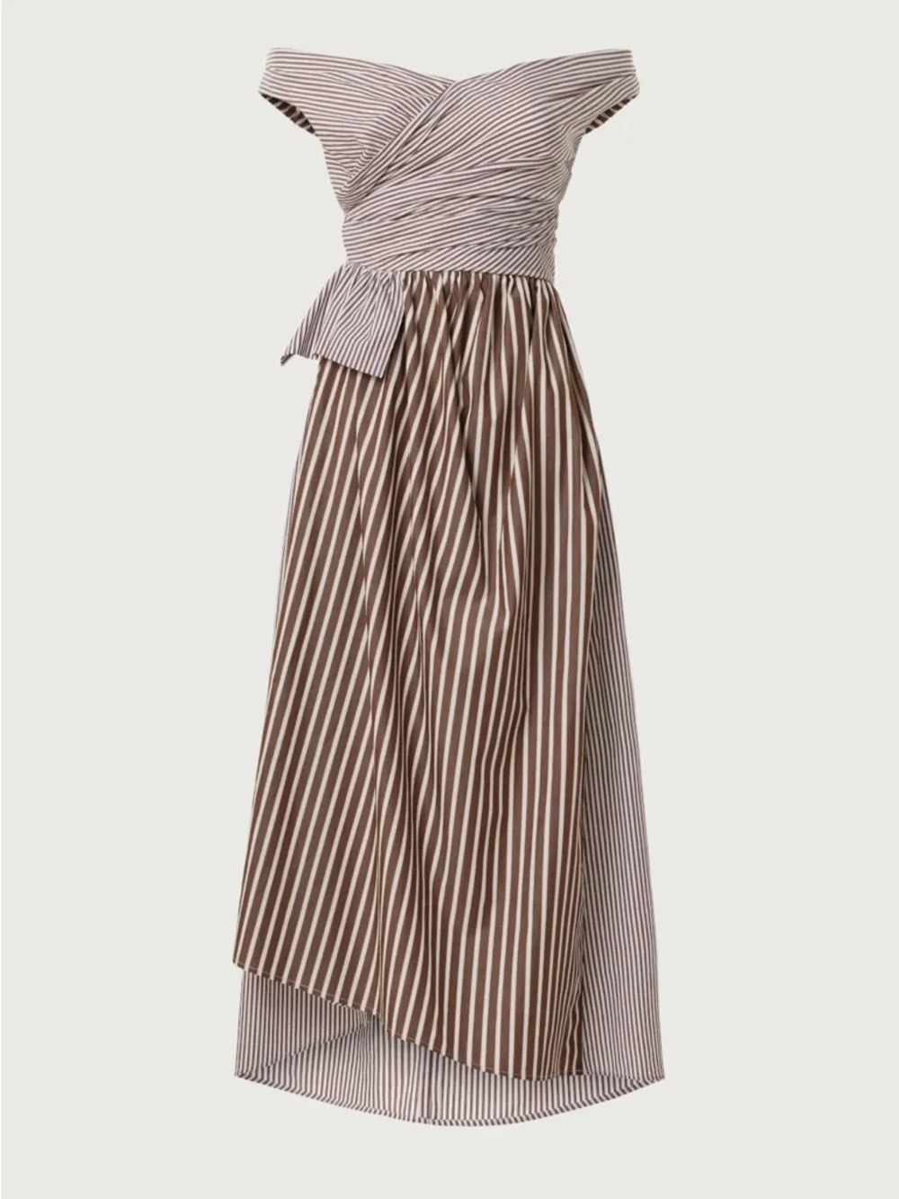 Off-Shoulder Brown and White Striped Midi Dress - Picture 2 of 4